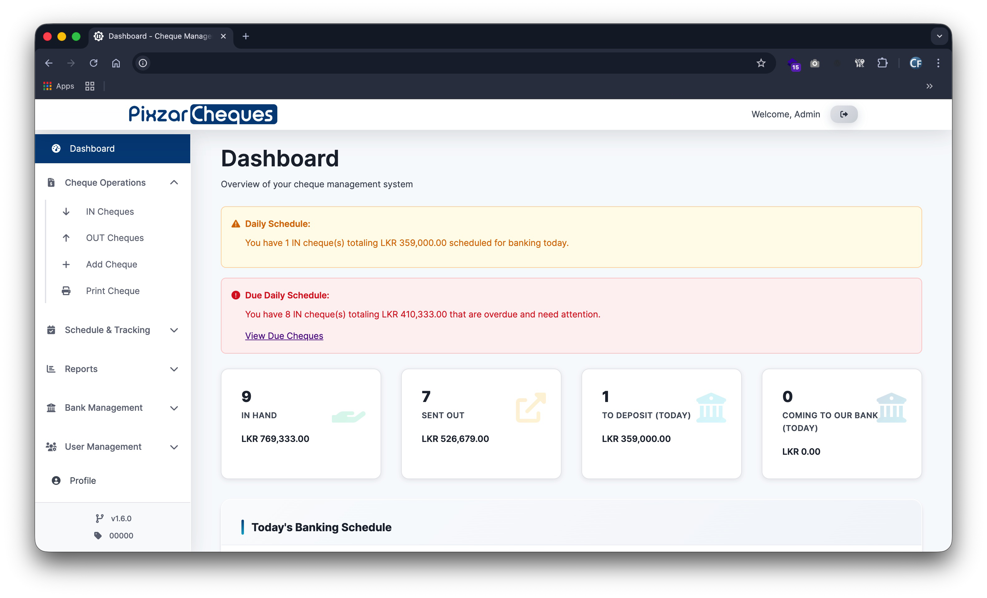 PixzarCheques dashboard overview screenshot