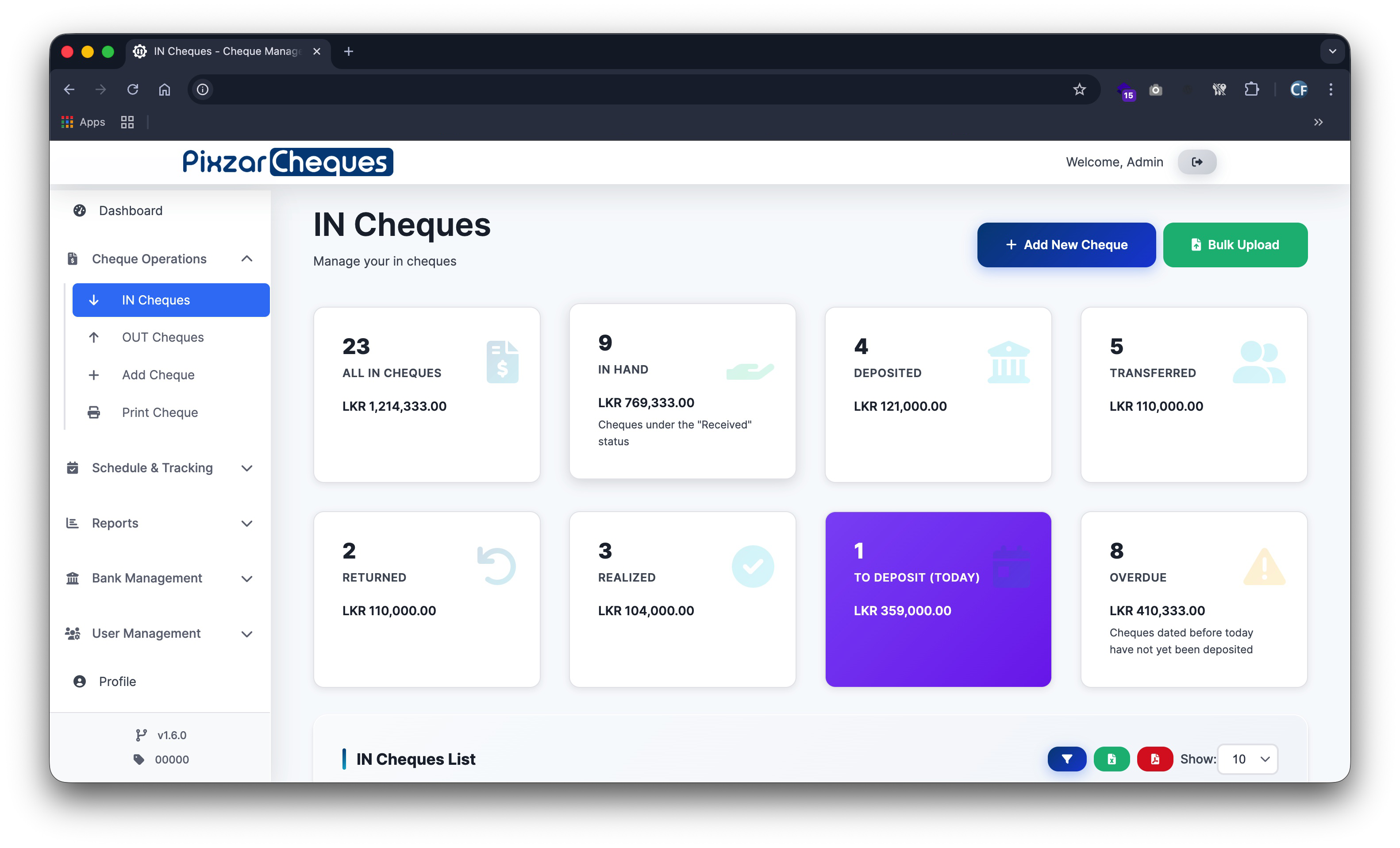 Cheque entry management screen screenshot