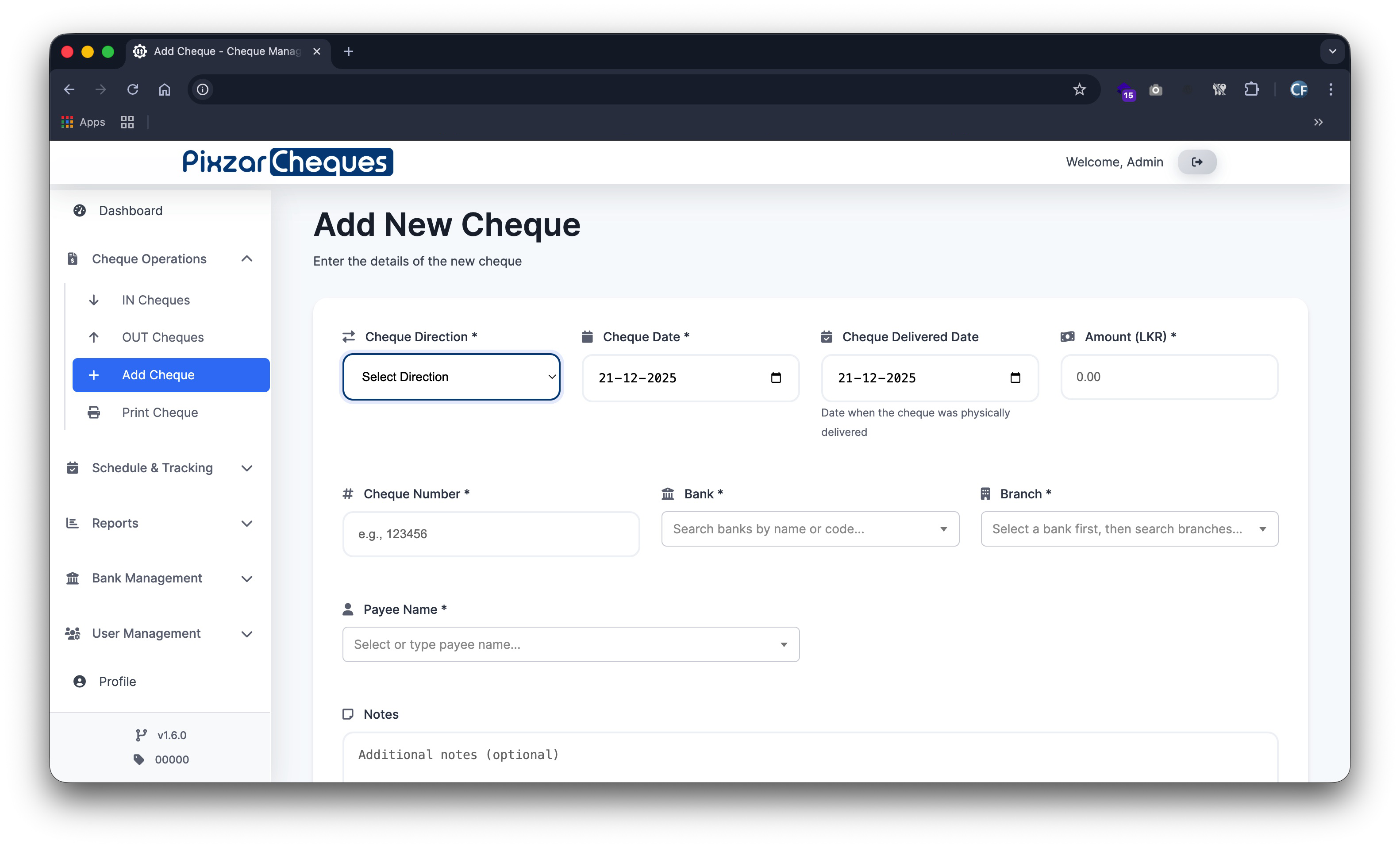 Bank deposit management report screenshot